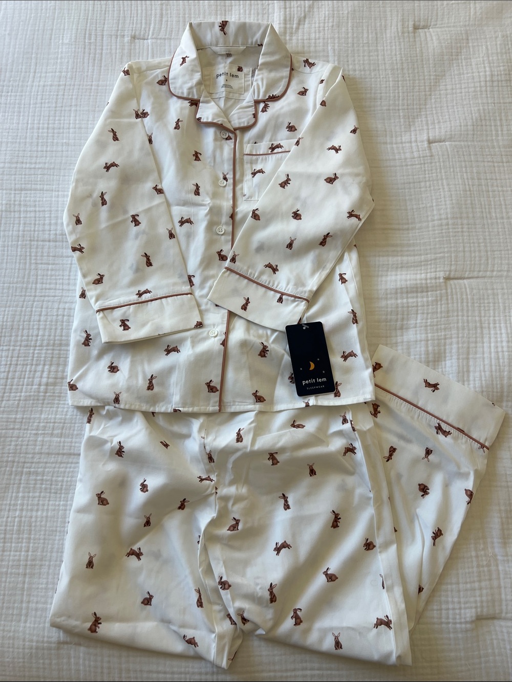 Petit Lim Kids White Bunny-Print Pajama Set with Brown Trim